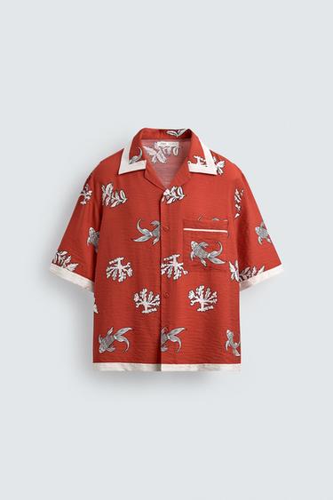 Zara CARP PRINT SHIRT - Ecru / Red