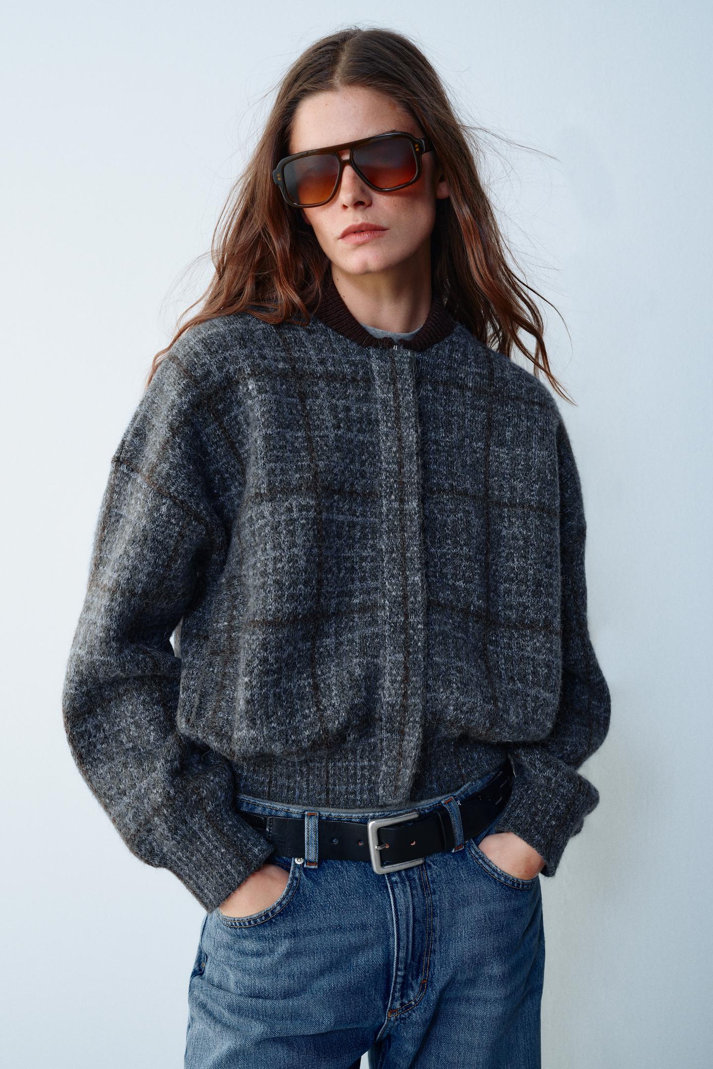 Женская куртка Zara Checked Knit Bomber, цвет: Разноцветный — фото 5