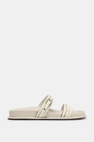 BUCKLED FLAT SLIDER SANDALS - Ecru White by Zara