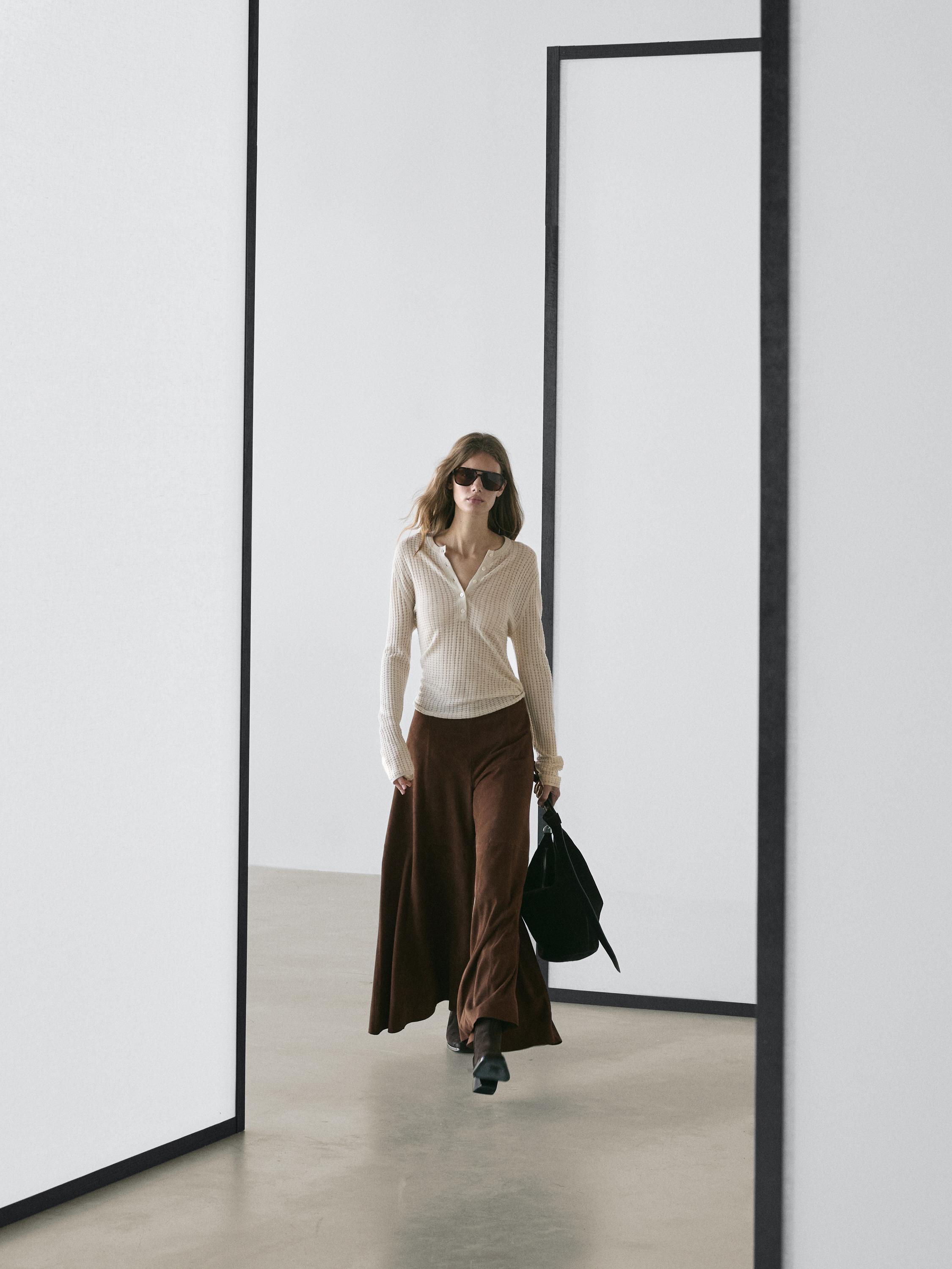 Suede leather flared trousers