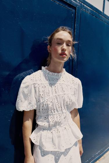 TOP WITH GATHERING AND CUTWORK EMBROIDERY - White by Zara
