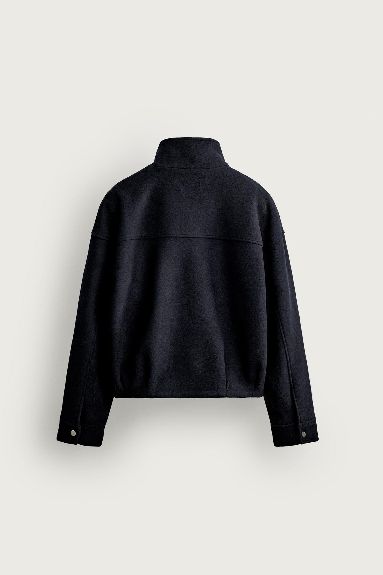 CROPPED WOOL-BLEND JACKET — Navy blue