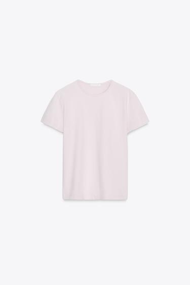 T-SHIRT EN COTON RUSTIQUE À MANCHES COURTES - Rose craie de Zara