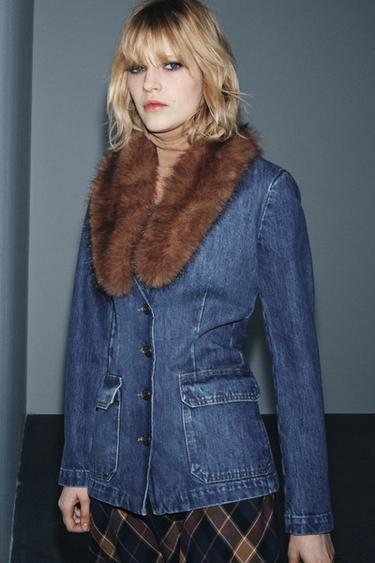 Zara DENIM BLAZER WITH FAUX FUR COLLAR ZW COLLECTION - Blue