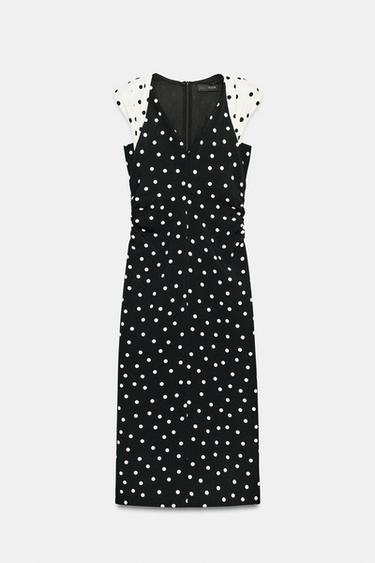ROBE MI-LONGUE À POIS ET ÉPAULETTES - Blanc / Noir de Zara
