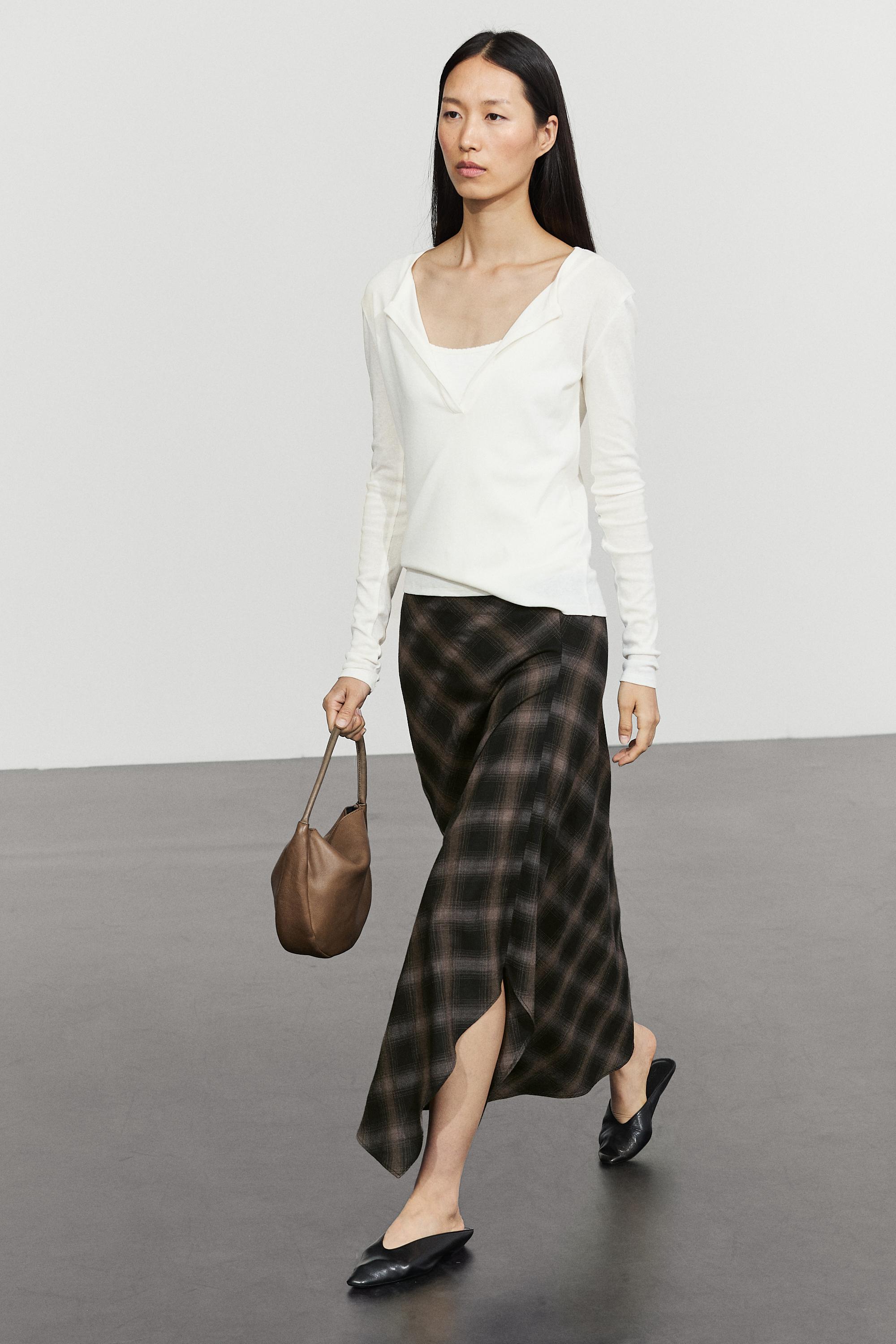 Wool-cotton blend check midi skirt with split