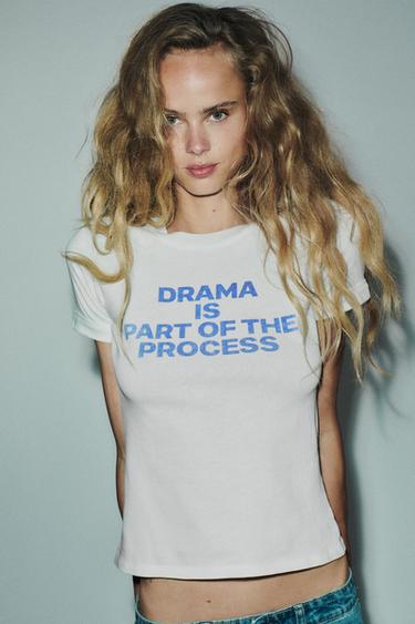 Zara COTTON T-SHIRT WITH TEXT AND RIPS - White