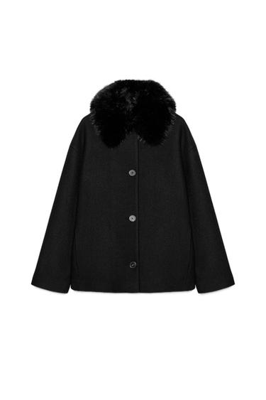 CROPPED COAT WITH WOOL AND FAUX FUR LAPEL