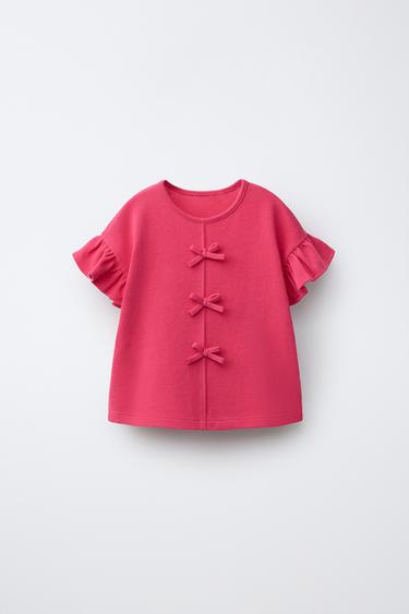 T-SHIRT WITH BOWS AND RUFFLES - Raspberry by Zara