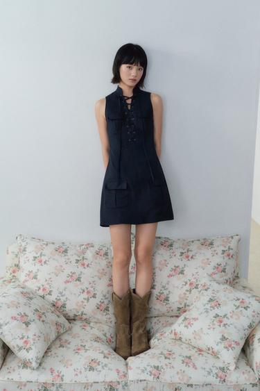SHORT DRESS WITH CROSSOVER STRAPS AND POCKETS - Navy blue by Zara