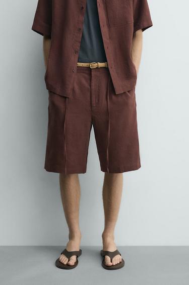 LINEN BLEND WIDE-LEG BERMUDA SHORTS - Burgundy by Zara