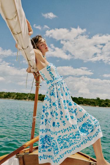 Zara POPLIN PRINT MIDI DRESS - Blue / White