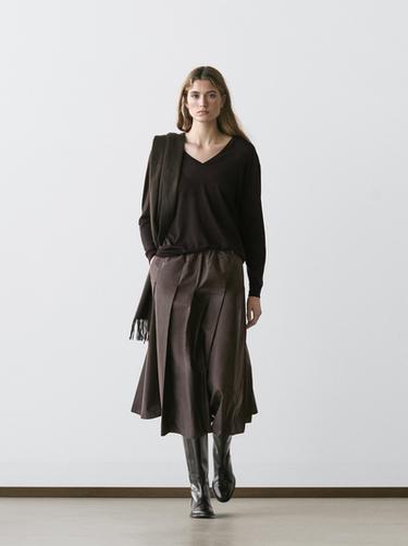 Zara Box pleat technical fabric midi skirt - Chocolate - Image 0