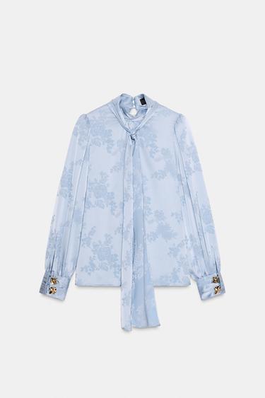 CHEMISE SATINÉE JACQUARD AVEC NŒUD - Bleu clair de Zara - Image 6