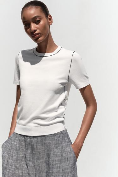 Zara TRIMMED SHORT SLEEVE KNIT TOP - White / Navy