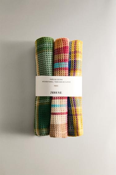 LOT TORCHONS DE CUISINE WAFFLE CARREAUX (LOT DE 3) - Vert / Bleu de Zara - Image 5