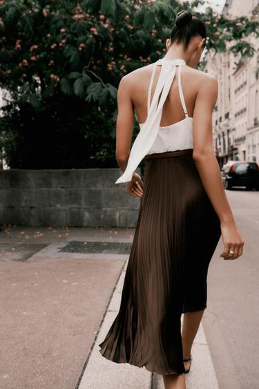 ROBE MIDI COMBINÉE PLISSÉE - Marron de Zara - Image 5