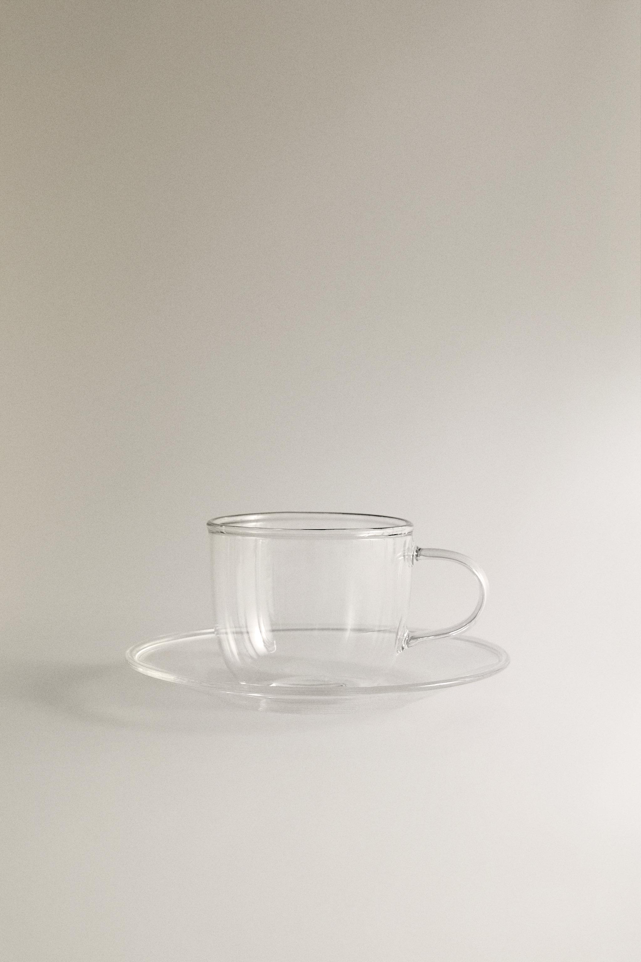 BOROSILICATE GLASS TEA CUP AND SAUCER WITH SILVER RIM - Silver