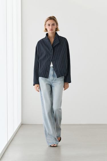 Zara Striped high neck bomber jacket - Blue - Image 0