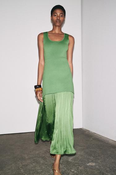 Zara PLEATED KNIT COMBINATION DRESS - Green