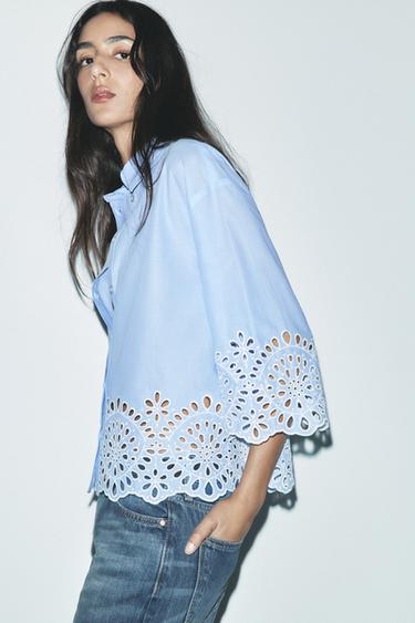 Zara POPLIN TOP WITH EYELET EMBROIDERY - Blue / White