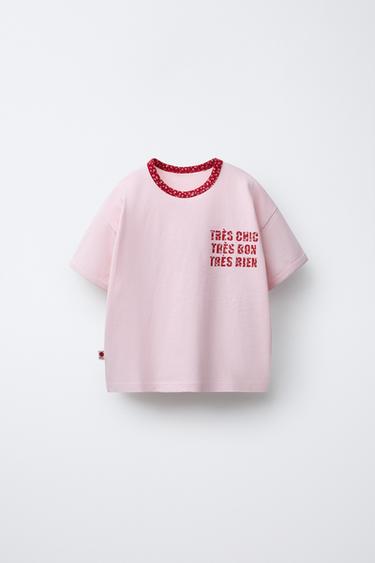 T-SHIRT WITH SLOGAN AND FLORAL PRINT - Red by Zara