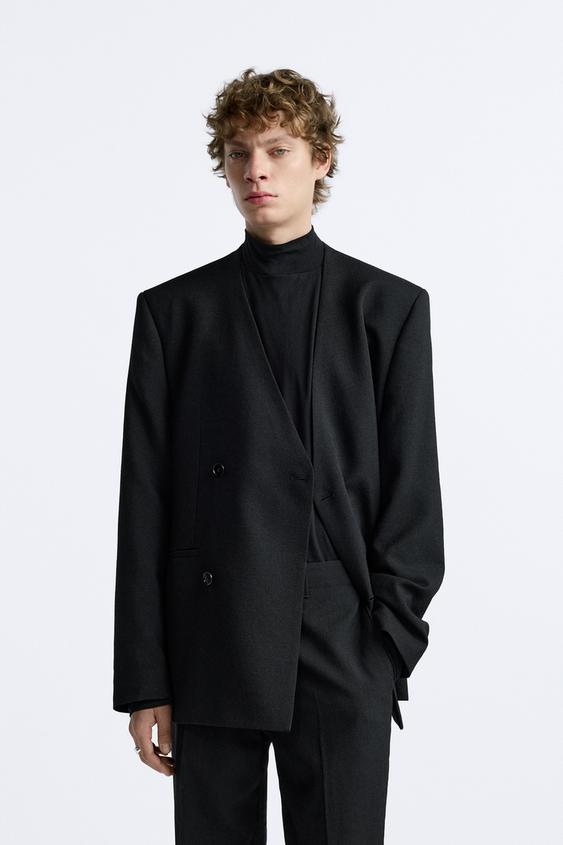100% WOOL DOUBLE BREASTED SUIT JACKET - Black