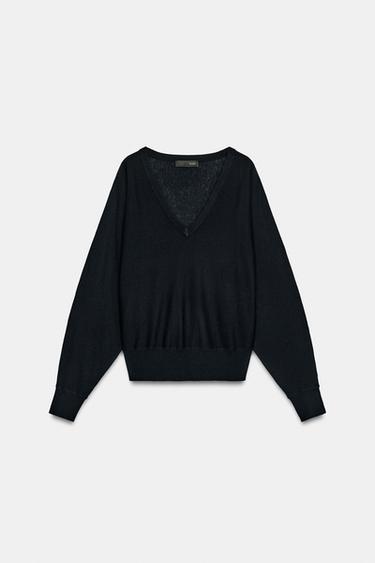 WOOL BLEND V-NECK JUMPER - Dark navy by Zara