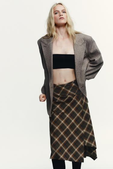 JUPE MI-LONGUE ASYMÉTRIQUE À CARREAUX - Kaki foncé de Zara - Image 2