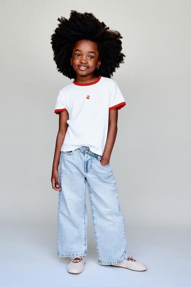 RIBBED T-SHIRT WITH CONTRAST EMBROIDERY - Red by Zara