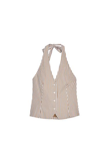 Front view of a sleeveless blouse with brown and white vertical stripes, halter neck and front buttons.
