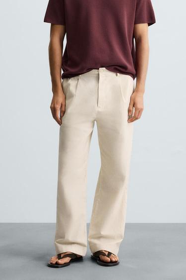 CALÇA DE ALGODÃO - LINHO COM PREGAS - Bege-claro da Zara