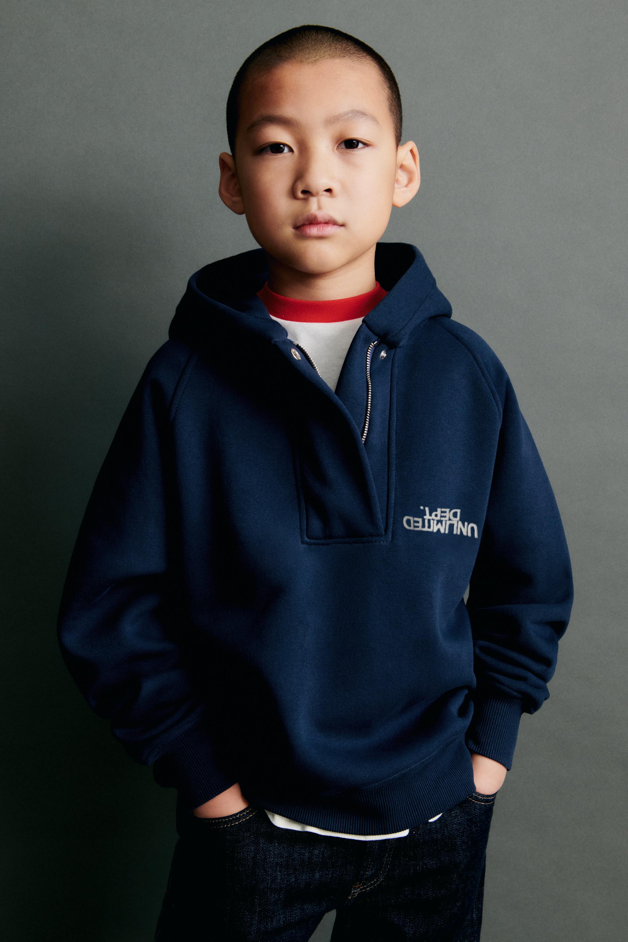 FLOCKED TEXT DETAIL HOODED SWEATSHIRT - Navy blue