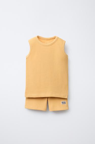 Zara WAFFLE T-SHIRT AND BERMUDA JOGGING SET - Pastel yellow