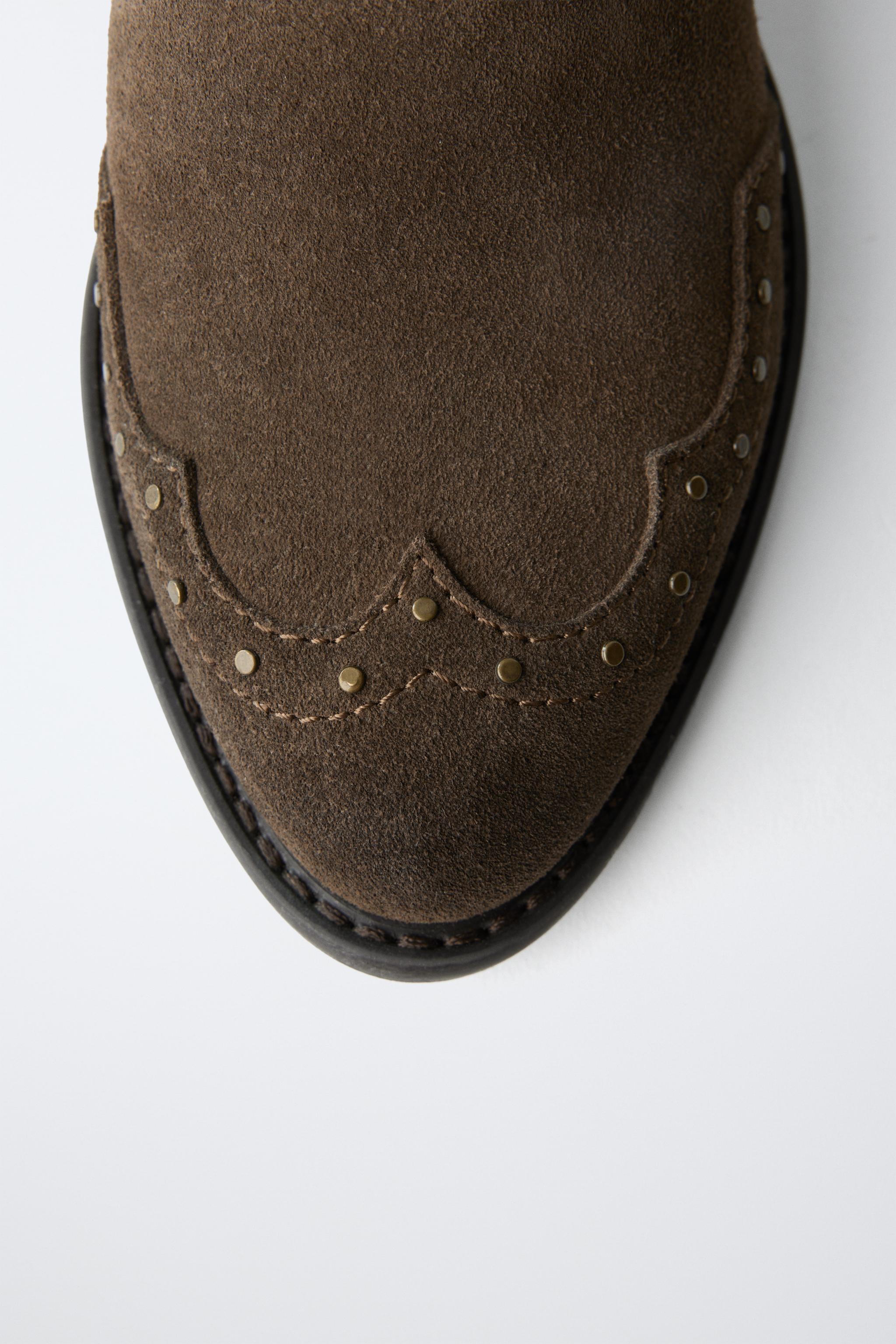 LEATHER STUDDED BANDANA ANKLE BOOTS — Brown