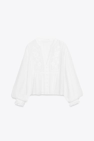 BLUSA CROPPED BORDADOS - Blanco de Zara