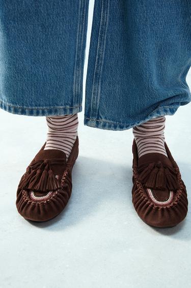 LEATHER TASSEL LOAFERS - Maroon by Zara