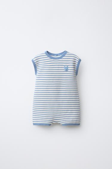 STRIPED KNIT BUNNY PATCH PLAYSUIT - Ecru / Blue by Zara