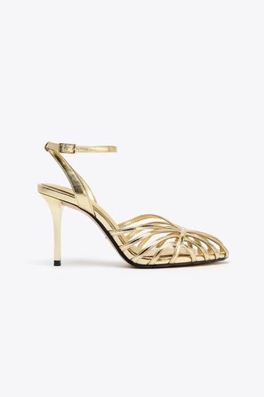 METALLIC HIGH-HEEL CAGE SANDALS - Gold by Zara