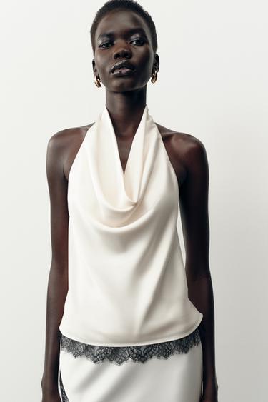 SATIN HALTER TOP WITH LACE - Ecru by Zara - Image 1