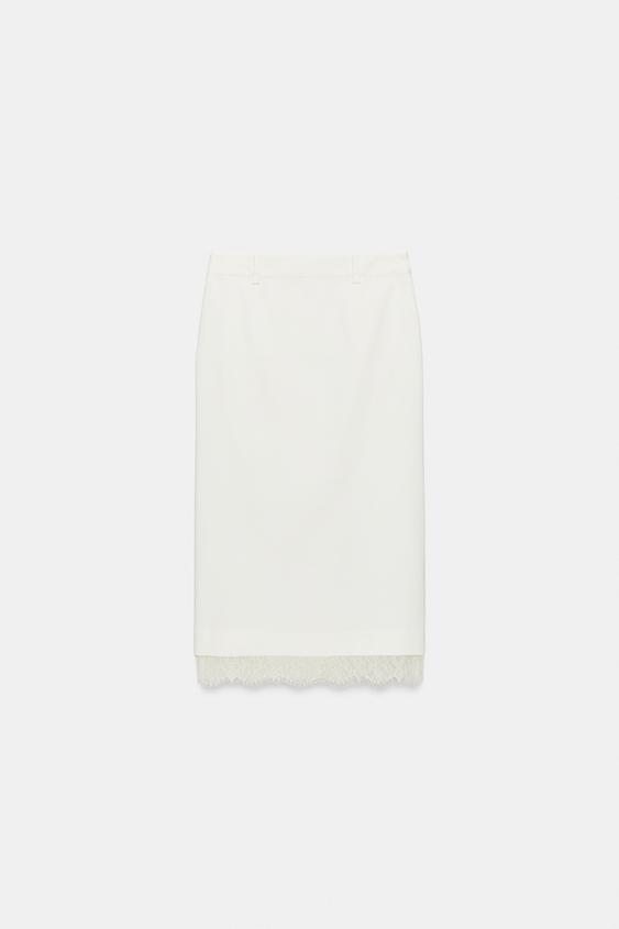 LACE COMBINED MIDI SKIRT - Ecru by Zara - Image 0