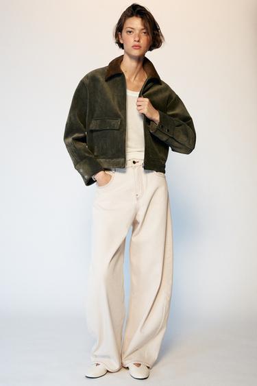 Zara CONTRAST CORDUROY JACKET - Khaki