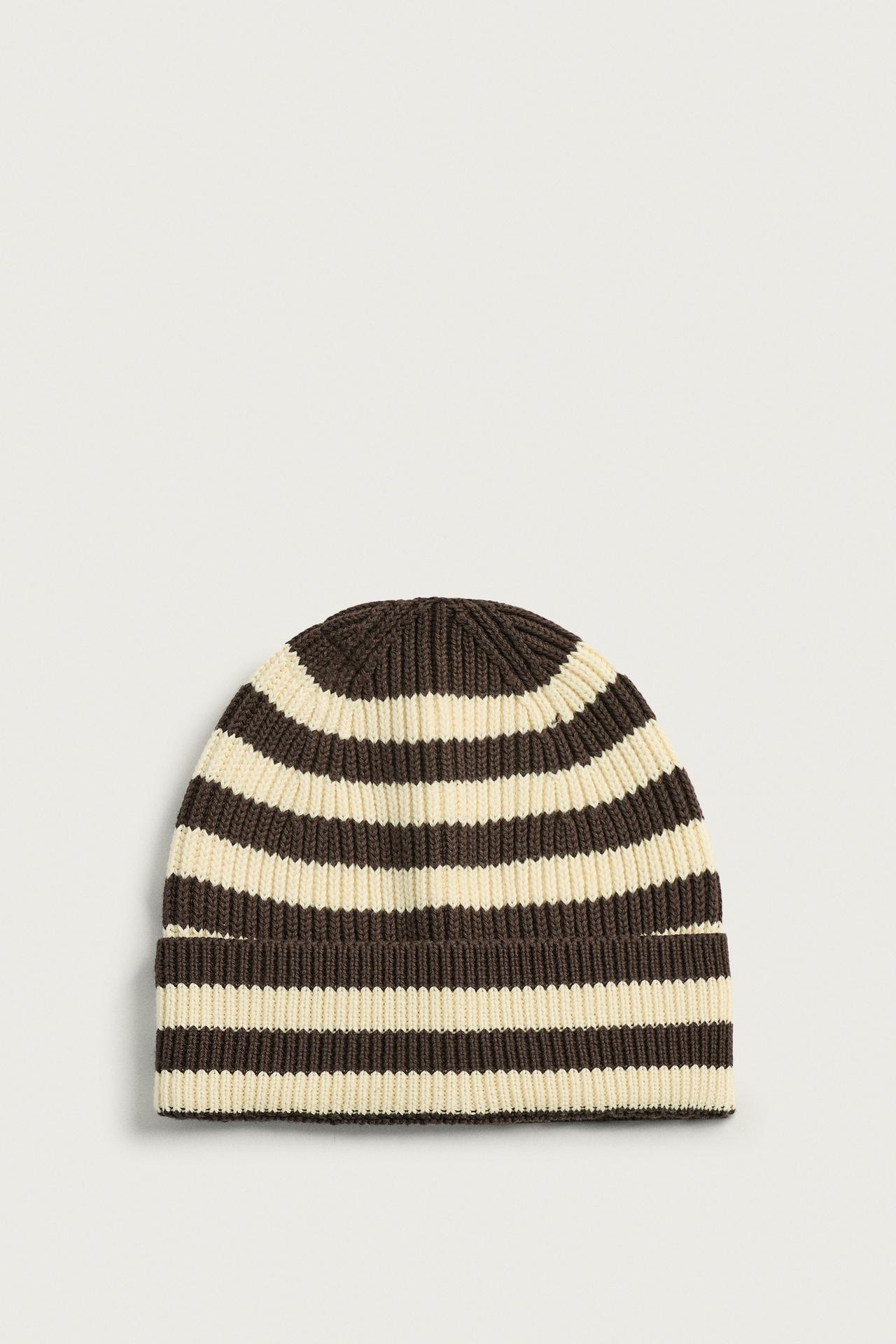 STRIPED JACQUARD KNIT BEANIE — Brown / Ecru