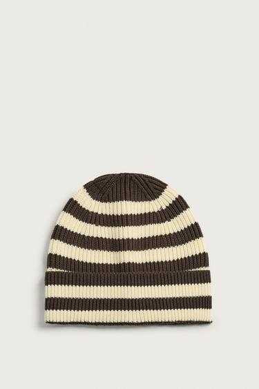 STRIPED JACQUARD KNIT BEANIE — Brown / Ecru 1