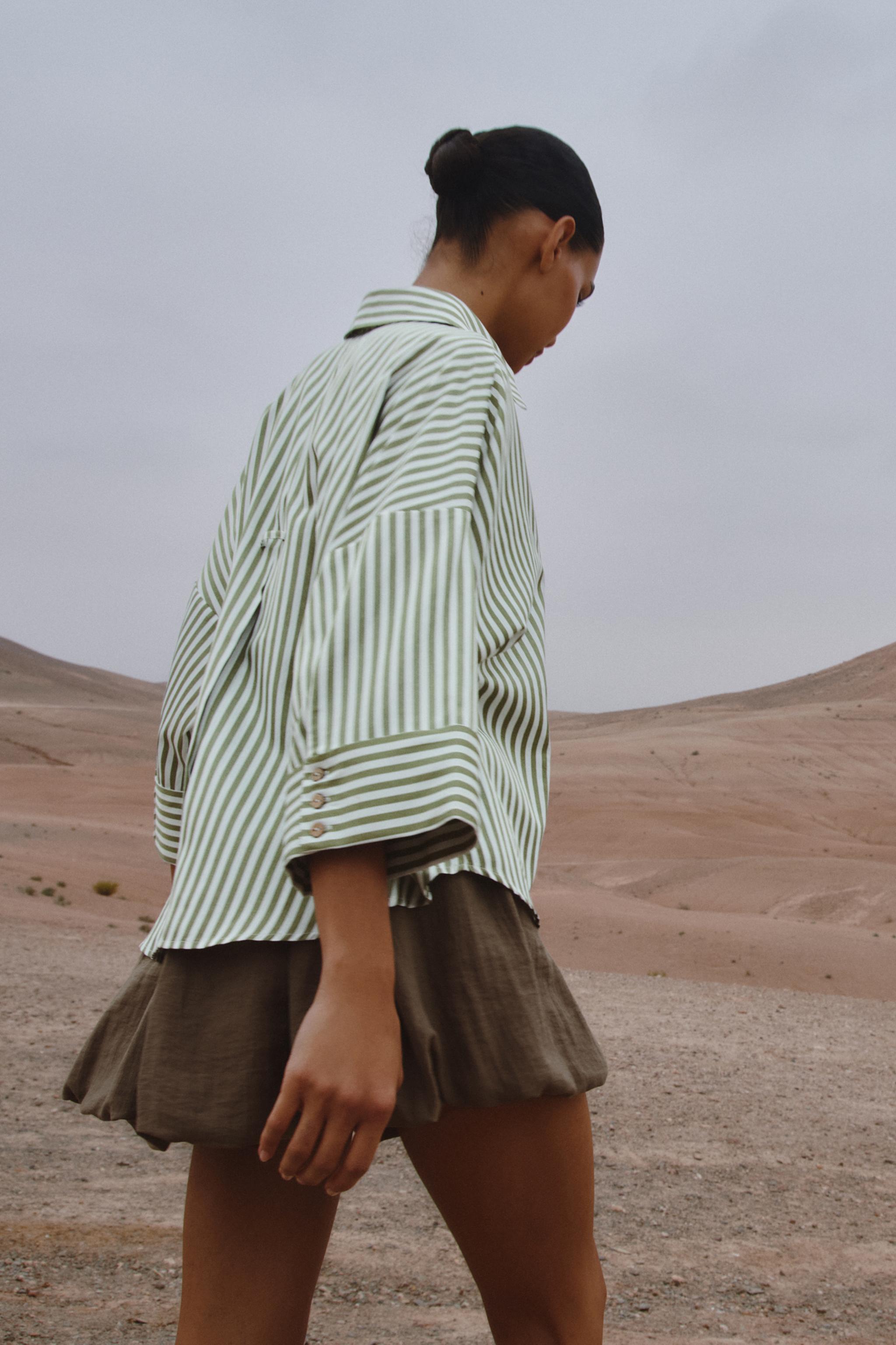 STRIPED SHIRT WITH CUFFED SLEEVES - Green stripe | ZARA