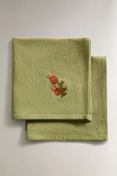 PACK OF EMBROIDERED FLORAL NAPKINS (PACK OF 2) - Oranges by Zara