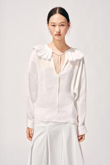 LINEN AND SILK BLEND SHIRT ZW COLLECTION - Oyster-white by Zara