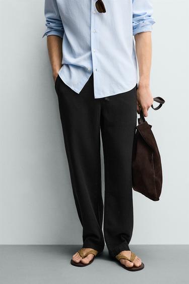 Zara RELAXED FIT TEXTURED PANTS - Black