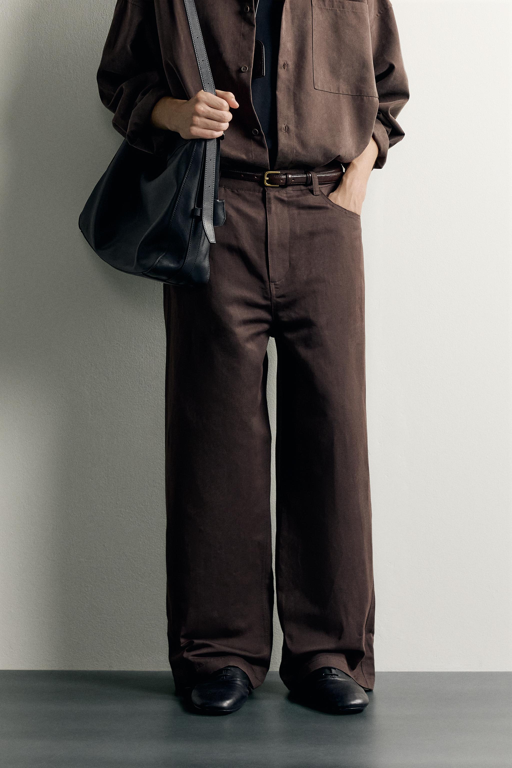 COTTON-LINEN RELAXED-FIT TROUSERS — Chocolate
