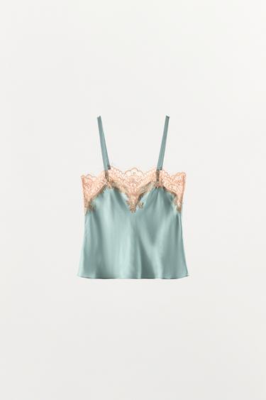 TOP STYLE LINGERIE SATINÉ AVEC DENTELLE - Bleu canard de Zara - Image 6